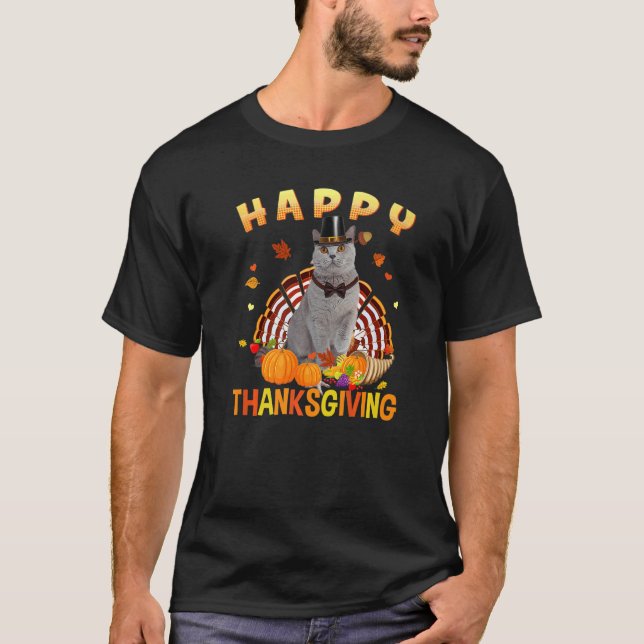 Camiseta Feliz Gato de Acción de Gracias Gris Turco Gorra d (Anverso)