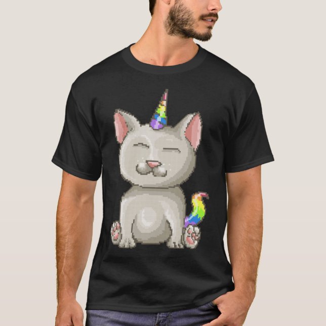 Camiseta Feliz gato de Kitty Pixel Rainbow Unicorn (Anverso)