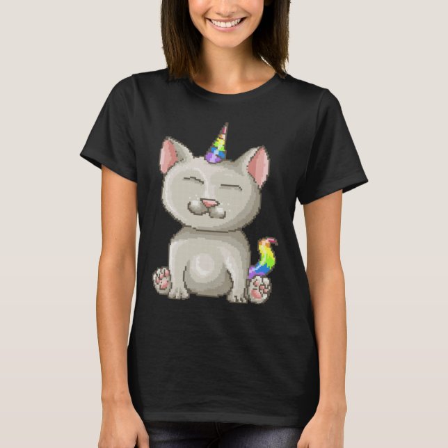 Camiseta Feliz gato de Kitty Pixel Rainbow Unicorn (Anverso)