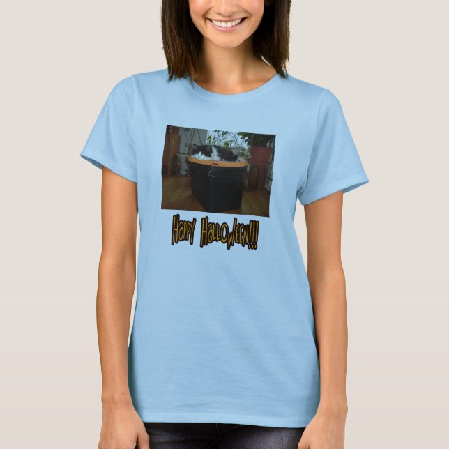 Camiseta Feliz Gato en blanco y negro de Halloween (Anverso)