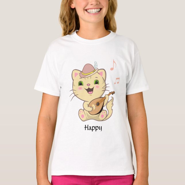 Camiseta Feliz Gato Kitty Atigrado Musical Naranja (Anverso)