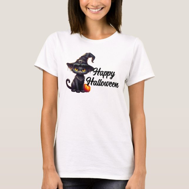 Camiseta Feliz Gato Negro de Halloween (Anverso)