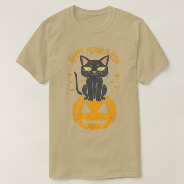 Camiseta Feliz Gato Negro De Meowloween En La Calabaza Luna (Diseño del anverso)