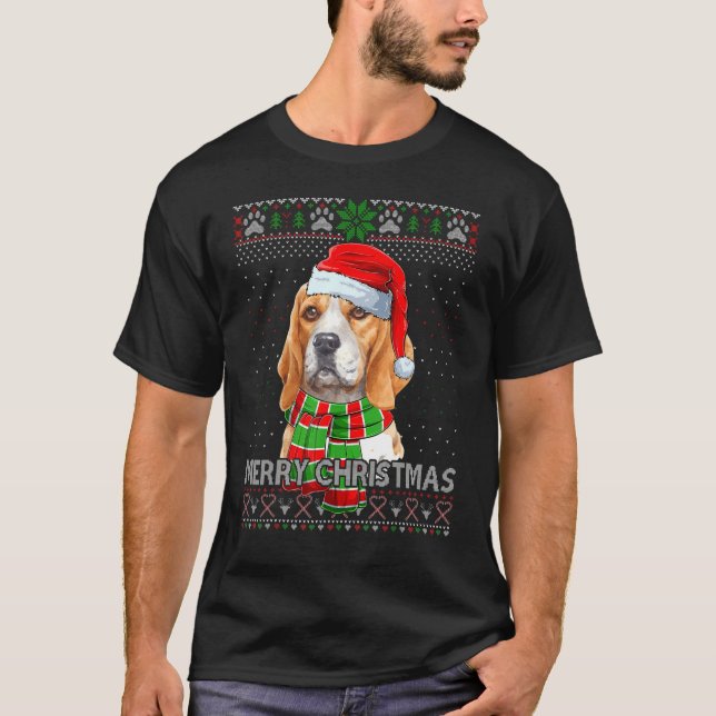Camiseta Feliz Gorra navideño Beagle Santa Ugly Xmas Sweate (Anverso)