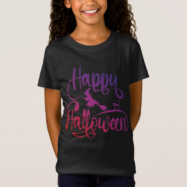 Camiseta Feliz gradiente de Halloween gato volador de bruja (Anverso)