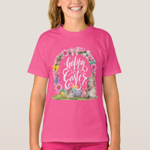 Camiseta Feliz Guión de Pascua Floral Rosa Semana Santa Bun