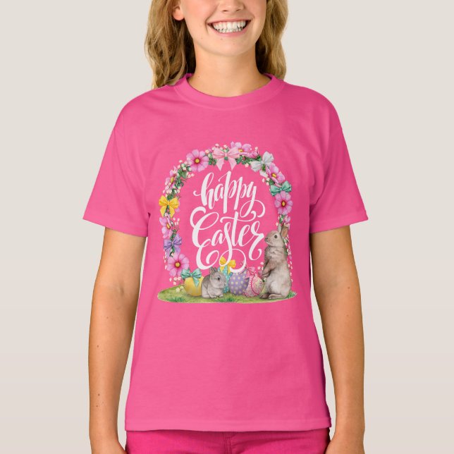Camiseta Feliz Guión de Pascua Floral Rosa Semana Santa Bun (Anverso)