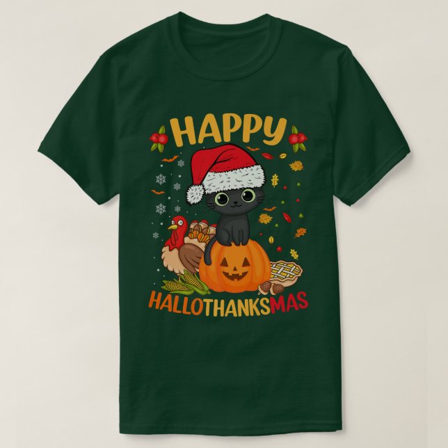 Camiseta Feliz HalloGraciasMas Black Cat Santa Hat Holiday  (Diseño del anverso)