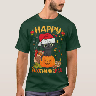 Camiseta Feliz HalloGraciasMas Black Cat Santa Hat Holiday 