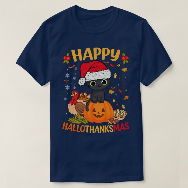 Camiseta Feliz HalloGraciasMas Black Cat Santa Hat Holiday  (Diseño del anverso)