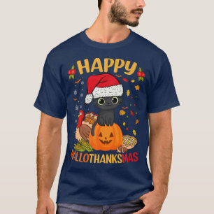 Camiseta Feliz HalloGraciasMas Black Cat Santa Hat Holiday