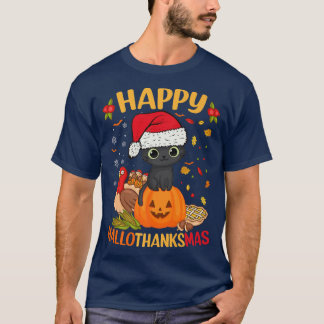 Camiseta Feliz HalloGraciasMas Black Cat Santa Hat Holiday