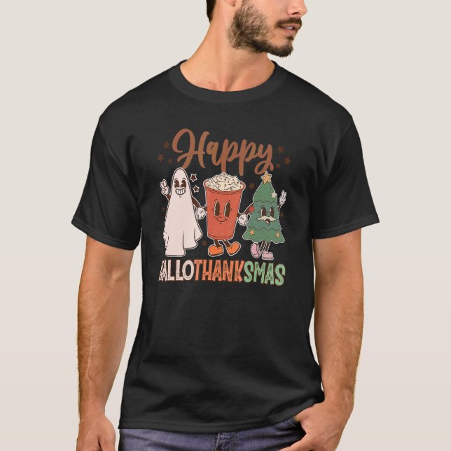 Camiseta Feliz Hallothanksmas 2022 Groovy Ghost Pumpkin Xma (Anverso)