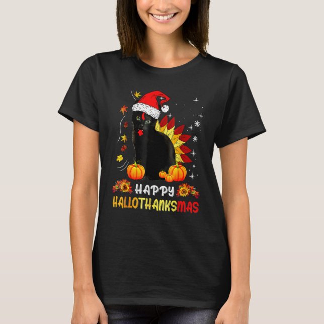 Camiseta Feliz Hallothanksmas Black Cat Halloween Thanksgi (Anverso)