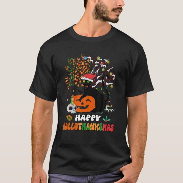 Camiseta Feliz Hallothanksmas Black Cat Halloween Thanksgiv (Anverso)