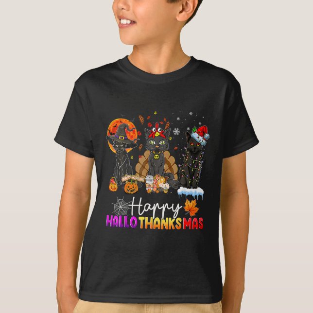 Camiseta Feliz Hallothanksmas Black Cat Halloween Thanksgiv (Anverso)