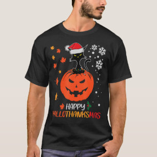 Camiseta Feliz Hallothanksmas Black Cat Lover Pumpkin Santa