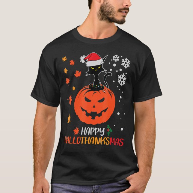 Camiseta Feliz Hallothanksmas Black Cat Lover Pumpkin Santa (Anverso)