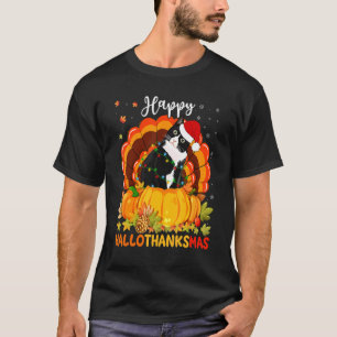 Camiseta Feliz Hallothanksmas Black Cat Pumpkin Santa Hat T