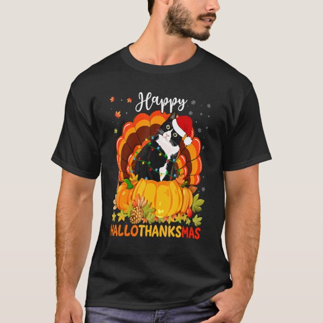 Camiseta Feliz Hallothanksmas Black Cat Pumpkin Santa Hat T (Anverso)