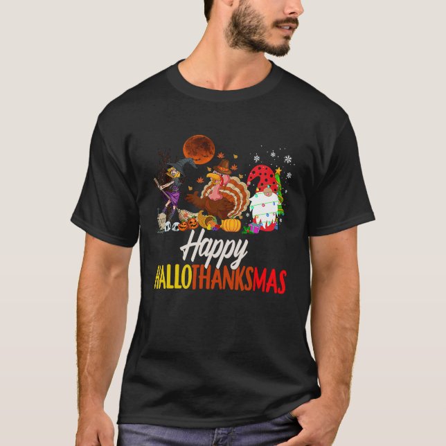 Camiseta Feliz Hallothanksmas Bruja Turquía Gnome Halloween (Anverso)