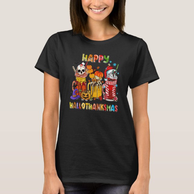 Camiseta Feliz Hallothanksmas café Latte Witch Santa Hat (Anverso)