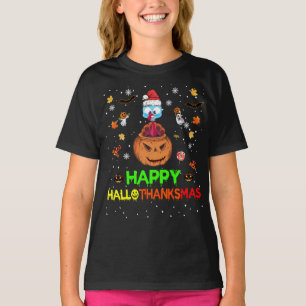 Camiseta Feliz Hallothanksmas Calabaza Turquía Santa Hats D