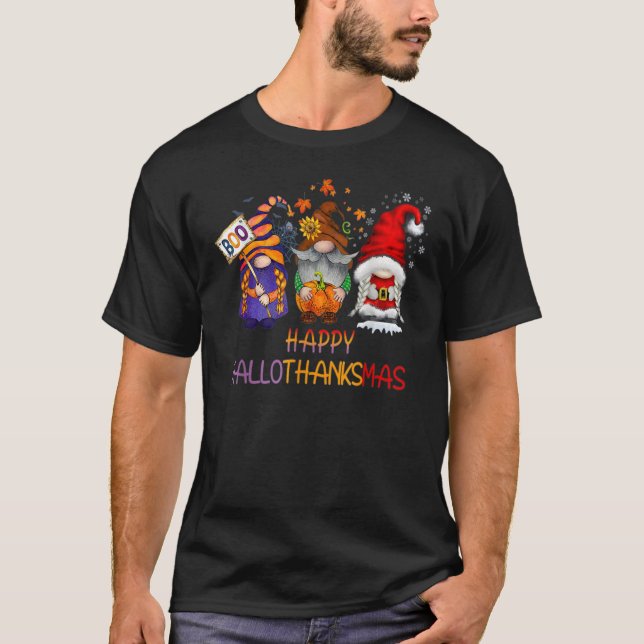Camiseta Feliz Hallothanksmas Cute Gnomes Fall Halloween Wo (Anverso)