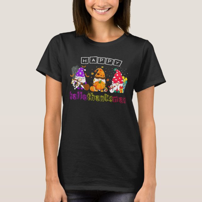 Camiseta Feliz Hallothanksmas Cute Gnomes Witch Santa Hat P (Anverso)