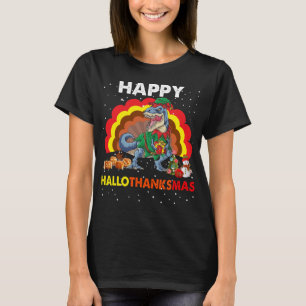 Camiseta Feliz Hallothanksmas Dinosaur Santa Pumpkin