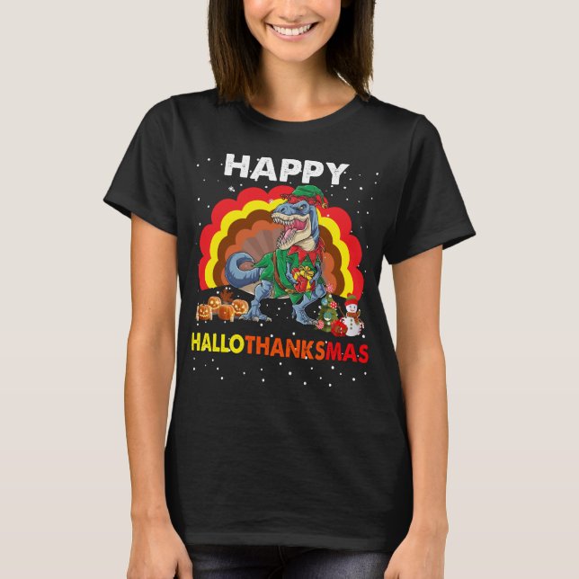 Camiseta Feliz Hallothanksmas Dinosaur Santa Pumpkin (Anverso)