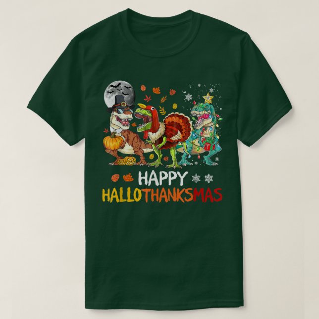 Camiseta Feliz Hallothanksmas Dinosaur TRe Halloween Christ (Diseño del anverso)