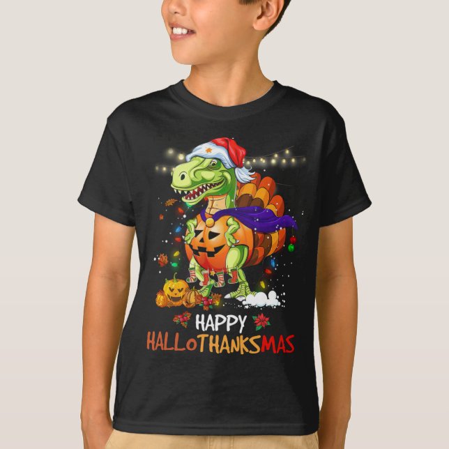 Camiseta Feliz Hallothanksmas Dinosaurio de Acción de Graci (Anverso)