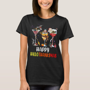 Camiseta Feliz Hallothanksmas Disfraces Vino Bat Gato Negro