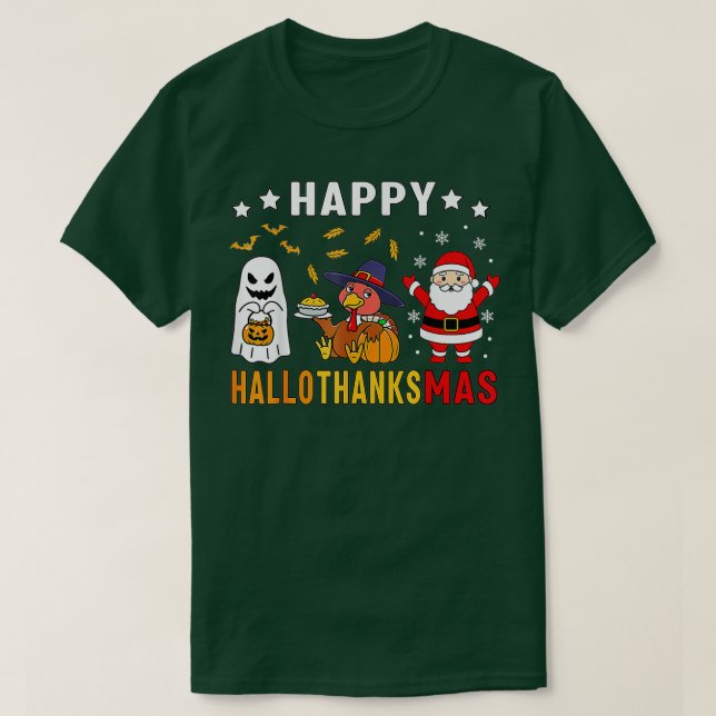 Camiseta Feliz Hallothanksmas Fantasma Turquía Calabaza Nav (Diseño del anverso)