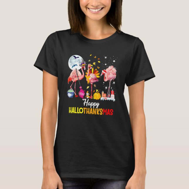 Camiseta Feliz Hallothanksmas Flamingo Rosa Wall Santa Hat (Anverso)
