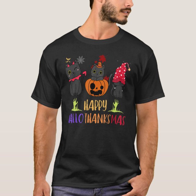 Camiseta Feliz Hallothanksmas Gato Vampiro Santa Hat Calaba (Anverso)