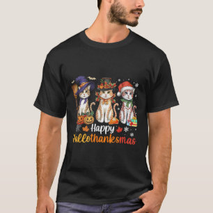 Camiseta Feliz Hallothanksmas gatos Halloween Día de Acción