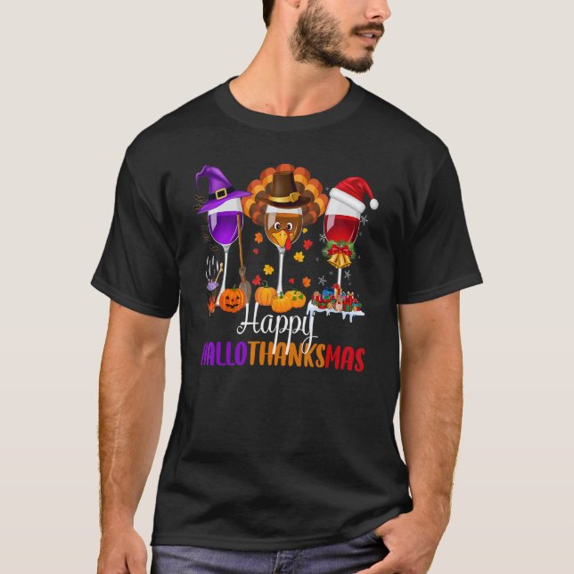 Camiseta Feliz Hallothanksmas Glasses de vino Bebiendo Hall (Anverso)