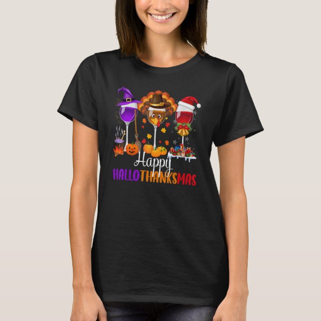 Camiseta Feliz Hallothanksmas Glasses de vino Bebiendo Hall (Anverso)
