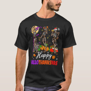Camiseta Feliz Hallothanksmas Gracioso Skeleton Bruja Santa
