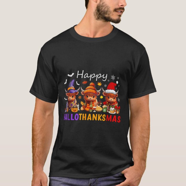 Camiseta Feliz Hallothanksmas Highland Cow Halloween Merry (Anverso)