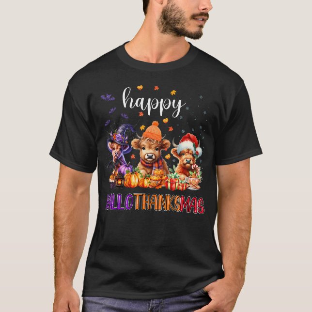 Camiseta Feliz Hallothanksmas Highland Cow Halloween Merry (Anverso)