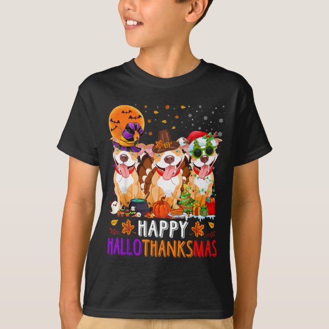Camiseta Feliz Hallothanksmas Pitbull Perro Halloween (Anverso)