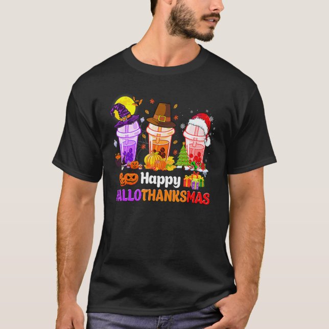 Camiseta Feliz Hallothanksmas Tres Boba Tea Witch Santa Ha (Anverso)