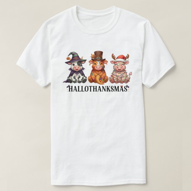 Camiseta Feliz Hallothanksmas Vaca de las Tierras Altas (Diseño del anverso)