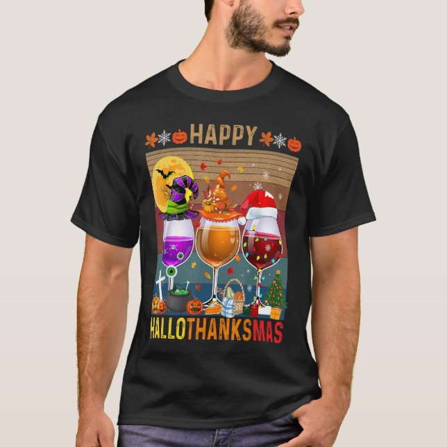 Camiseta Feliz Hallothanksmas, Wine Glasses Witch Santa Hat (Anverso)