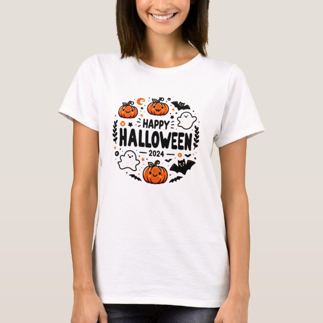Camiseta Feliz Halloween 2024 Calabaza, fantasma y murciéla (Anverso)