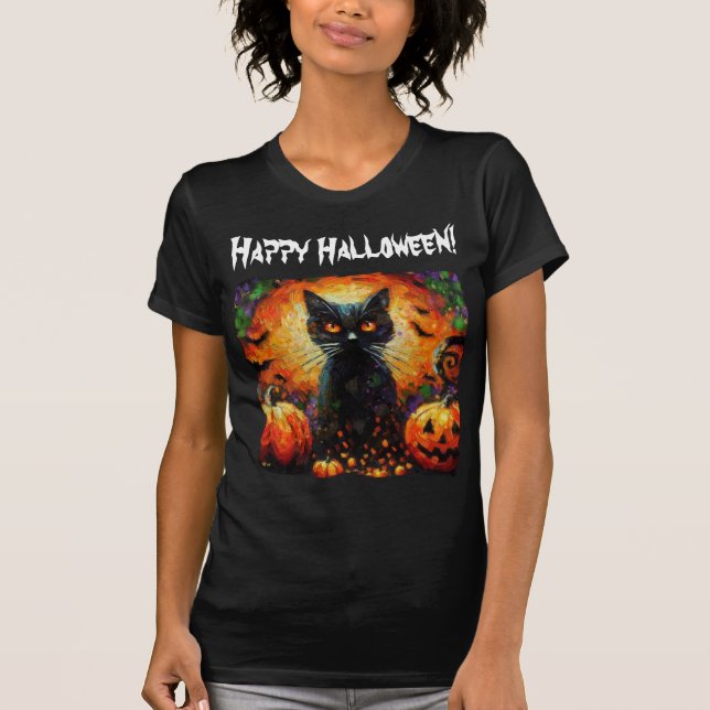 Camiseta Feliz Halloween Black Cat Bats Pumpkins (Anverso)