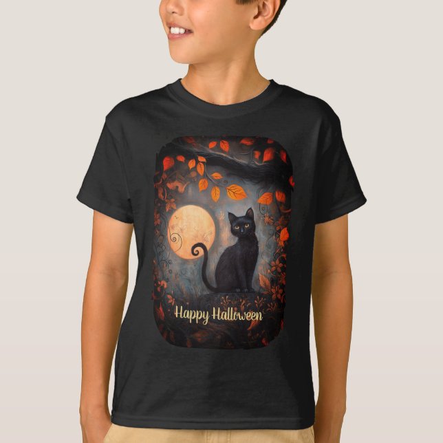 Camiseta Feliz Halloween Black Cat Full Moon Art (Anverso)